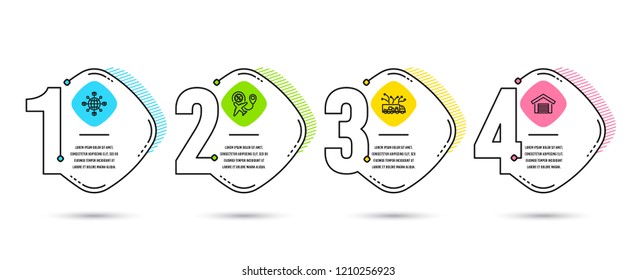 Infographic template 4 options or steps. Set of Logistics network, Truck delivery and Flight sale icons. Parking garage sign. International tracking, Logistics, Travel discount. Car place. Vector