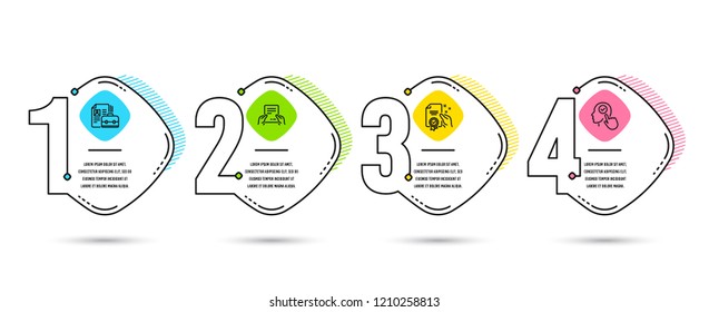 Infographic template 4 options or steps. Set of Vacancy, Receive file and Certificate icons. Select user sign. Hiring job, Hold document, Certified guarantee. Head with checkbox. Vector