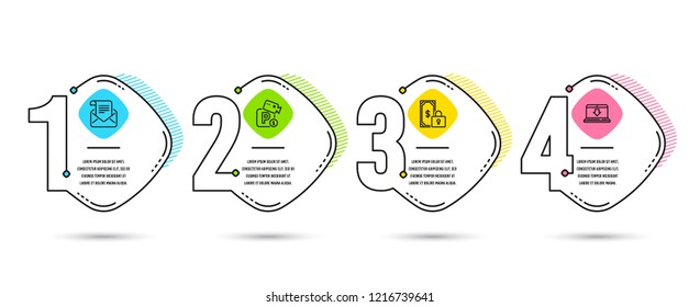 Infographic template 4 options or steps. Set of Private payment, Mail newsletter and Parking security icons. Internet downloading sign. Secure finance, Open e-mail, Video camera. Load data. Vector