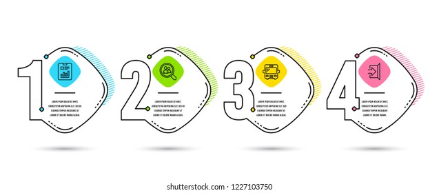 Infographic template 4 options or steps. Set of Report document, Search employees and Bus icons. Exit sign. Page with charts, Staff analysis, Tourism transport. Escape. Vector