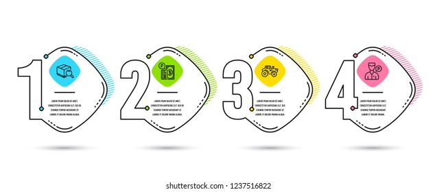 Infographic template 4 options or steps. Set of Search package, Tractor and Parking payment icons. Valet servant sign. Tracking service, Farm transport, Paid garage. Parking man. Vector