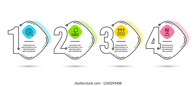 Infographic template 4 options or steps. Set of Evaporation, Internet and Elastic icons. Student sign. Global warming, World web, Resilience. Graduation cap.  Process diagram, workflow layout. Vector