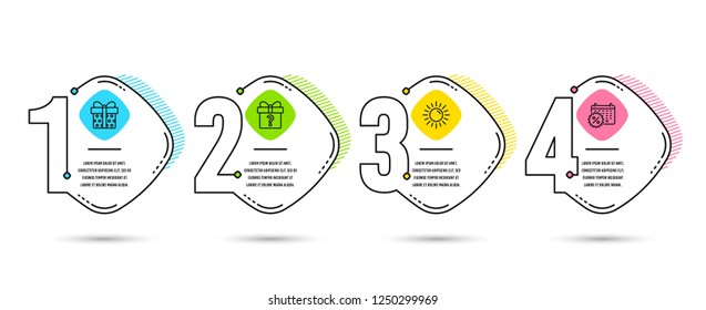 Infographic template 4 options or steps. Set of Sun, Secret gift and Gift box icons. Calendar discounts sign. Summer, Unknown package, Present package. Shopping.  Process diagram, workflow layout