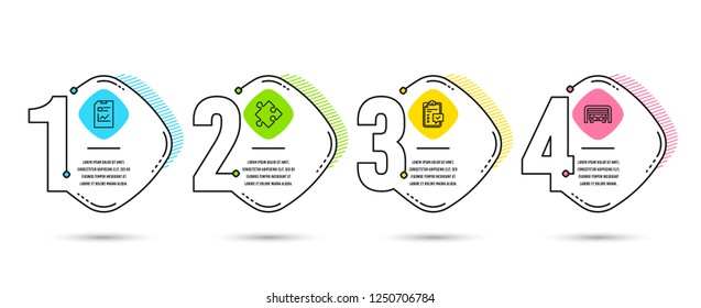 Infographic template 4 options or steps. Set of Strategy, Report document and Checklist icons. Parking garage sign. Puzzle, Statistics file, Survey. Automatic door.  Process diagram, workflow layout