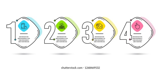 Infographic template 4 options or steps. Set of Hold smartphone, Receive mail and Typewriter icons. Hand click sign. Phone call, Incoming message, Inspiration. Location pointer. Vector