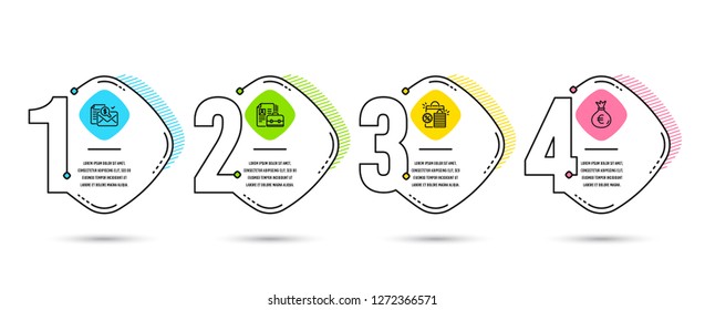 Infographic template 4 options or steps. Set of Shopping bags, Accounting report and Vacancy icons. Money bag sign. Sale discount, Check finance, Hiring job. Euro currency. Vector