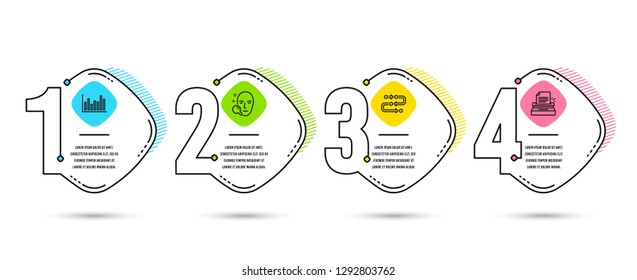 Infographic template 4 options or steps. Set of Methodology, Face search and Bar diagram icons. Typewriter sign. Development process, Find user, Statistics infochart. Writer machine. Vector