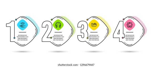 Infographic template 4 options or steps. Set of Speedometer, Consolidation and Headphones icons. Bus sign. Time concept, Strategy, Earphones. Tourism transport.  Process diagram, workflow layout