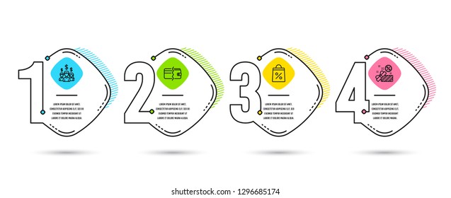 Infographic template 4 options or steps. Set of Payment methods, Salary employees and Shopping bag icons. Sale sign. Wallet cash, People earnings, Supermarket discounts. Gift box. Vector