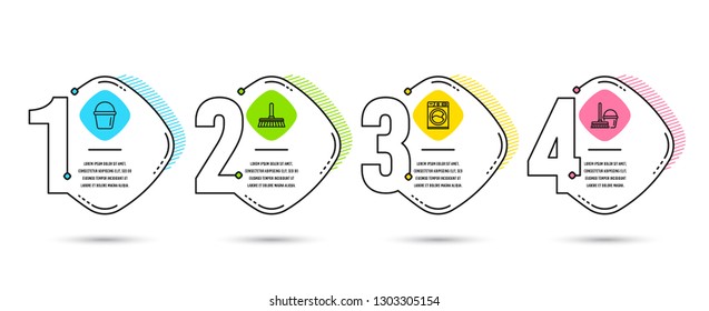 Infographic template 4 options or steps. Set of Cleaning mop, Washing machine and Bucket icons. Bucket with mop sign. Sweep a floor, Laundry service, Washing equipment. Cleaner equipment. Vector