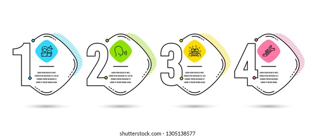 Infographic template 4 options or steps. Set of Human sing, Gift and Cleaning icons. Escalator sign. Talk, Present, Maid service. Elevator.  Process diagram, workflow layout. Info graph. Vector