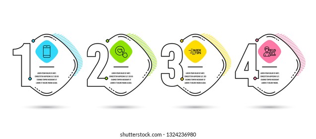 Infographic template 4 options or steps. Set of Like button, Smartphone and Education icons. Success business sign. Press love, Cellphone or phone, Quick tips. Growth chart. Vector