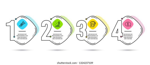 Infographic template 4 options or steps. Set of Escalator, Survey checklist and Development plan icons. Information sign. Elevator, Report, Strategy. Info center.  Process diagram, workflow layout