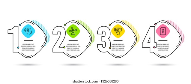 Infographic template 4 options or steps. Set of Buying, Conversation messages and Good mood icons. Unknown file sign. E-commerce shopping, Communication, Positive thinking. Doc with question mark