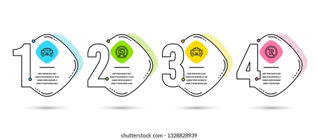 Infographic template 4 options or steps. Set of Taxi, Car and Metro subway icons. No parking sign. Public transportation, Transport, Underground. Car park.  Process diagram, workflow layout. Vector