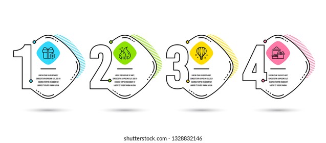 Infographic template 4 options or steps. Set of Hot sale, Air balloon and Add gift icons. Shopping sign. Shopping flame, Sky travelling, Present box. Holiday packages. Vector