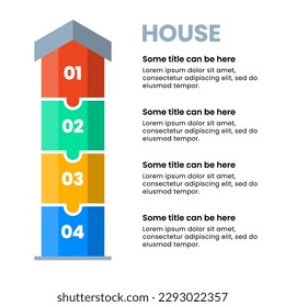 Infografische Vorlage mit 4 Optionen oder Schritten. Haus. Kann für Workflow-Layout, Diagramm, Banner, Webdesign verwendet werden. Vektorgrafik