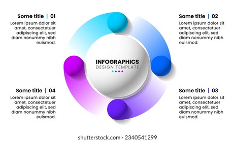 Plantilla de infografía con 4 opciones o pasos. Bolas. Se puede utilizar para diseño de flujo de trabajo, diagrama, banner, diseño web. Ilustración del vector