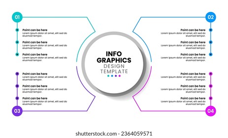 Plantilla de infografía con 4 opciones o pasos. Puntos. Se puede utilizar para diseño de flujo de trabajo, diagrama, banner, diseño web. Ilustración del vector