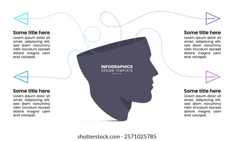 Infographic template with 4 options or steps. Paper planes as ideas in head. Can be used for workflow layout, diagram, banner, webdesign. Vector illustration