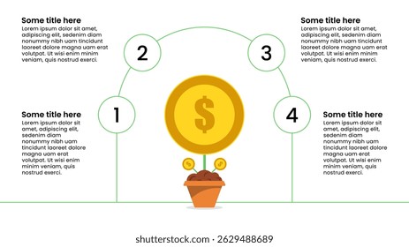 Plantilla de infografía con 4 opciones o pasos. Planta de monedas. Se puede utilizar para el diseño del flujo de trabajo, diagrama, Anuncio, diseño web. Ilustración vectorial