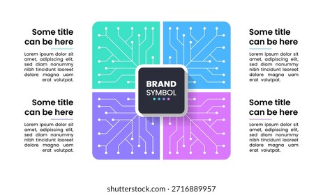 Modelo infográfico com 4 opções ou etapas. Chip. Pode ser usado para layout de fluxo de trabalho, diagrama, banner, webdesign. Ilustração vetorial