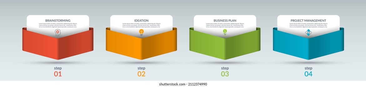 Infographic template with 4 paper arrows pointing down. Can be used for graph, chart, report, web design. Vector illustration