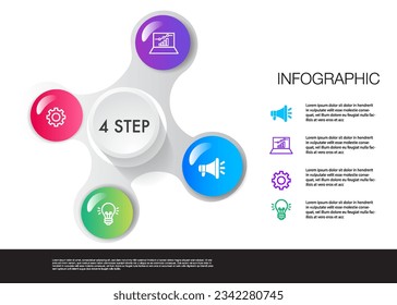 La plantilla de infografía de 4 pasos para el análisis de marketing puede aplicar visión de marco de diagrama, diseño de infografía de línea de tiempo moderno vectorial y negocio de presentación