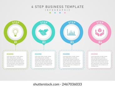 Infographic template 4 step business multi colored pastel circle white circle In the middle there is an icon above in a square frame and a line below with a letter in the middle.