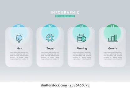 Infografía Plantilla de 4 pasos de fondo aislado de línea de tiempo, diseño plano simple Glassmorphic. Creador de diseños de flujo de trabajo empresarial 4 opciones, Ilustración vectorial de Presentaciones.