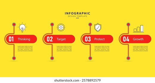 Infographic template 4 Step timeline journey isolated yellow background, Data visualization flat simple design. presentation graph. Business timeline creator 4 options, vector illustration.