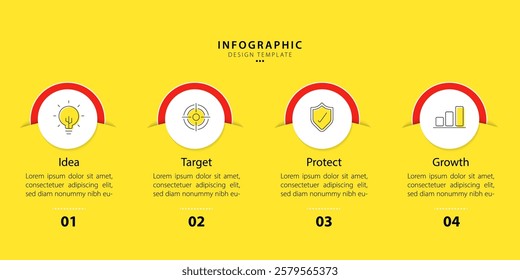 Infographic template 4 Step timeline journey isolated yellow background, Data visualization flat simple design. presentation graph. Business timeline creator 4 options, vector illustration.