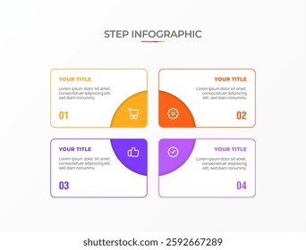Infographic template. 4 Step timeline journey, Flat simple infographics design template. Presentation graph. Business concept with icon 4 options or steps. Background vector illustration.
