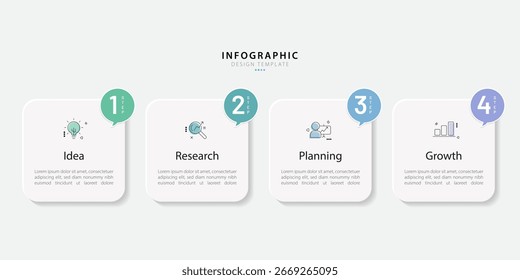 Plantilla infográfica. Viaje de la línea de tiempo de 4 pasos, Plantilla de diseño de infografías simples y planas. Concepto de negocio con números 4 opciones o pasos de Ilustración vectorial.