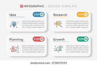 Plantilla infográfica. Viaje de la línea de tiempo de 4 pasos, Plantilla de diseño de infografías simples y planas. Concepto de negocio con números 4 opciones o pasos de Ilustración vectorial.