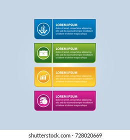 An infographic template with 4 steps and an image of five rectangles. Place for text and icons, vector illustration. Use for business presentations, education, web design. 