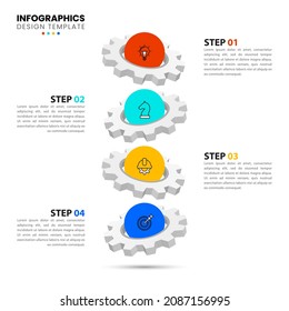 infographic template with 4 steps or options. 3d cogwheel. Can be used for workflow layout, diagram, banner, webdesign. Vector illustration