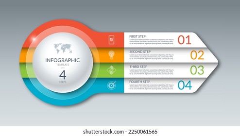 Plantilla de infografía con 4 pasos, opciones, piezas. Se puede usar para diagrama, gráfico, gráfico, informe, diseño web. Banner vectorial de 4 pasos en forma de flecha.