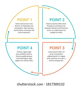 Infographic template with 4 steps (points) in colorful rounded outline segments and sample text 