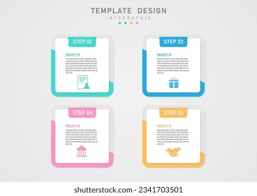 infographic template 4 steps square business project Multi-colored and white square letters in the center of the colored icons below. The frame and letters above the gray gradient background.