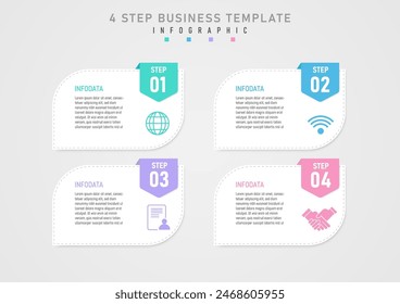 Infographic template 4 steps white square sharp corners with outline frame has Multi-colored icons on the right The squares have letters in the middle and many have white numbers. 