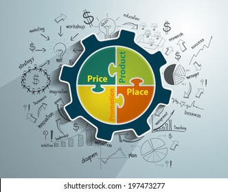 infographic Template with 4P marketing mix model - price, product, promotion and place creative drawing charts and graphs business success strategy plan idea, Vector illustration modern design