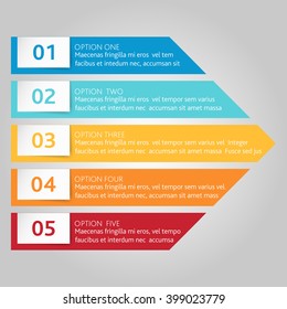 Infographic template with 5 arrows, steps, parts, options. Vector banner with business icons and design elements. Can be used for web, chart, graph, diagram, report, workflow layout. Origami style