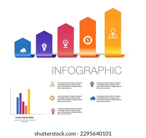 infographic template  5 bar graph for business direction, marketing strategy, diagram, data, glowth, arrow timeline,  for presentation report and progress