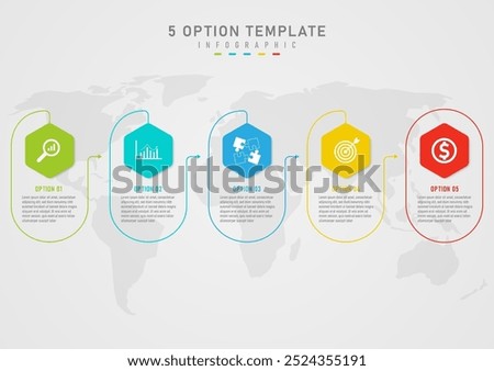 Infographic template 5 business options The hexagon has a white icon on top and multi-colored curves. The end edge has an arrow, inside there is a message. Below is a map gray gradient background