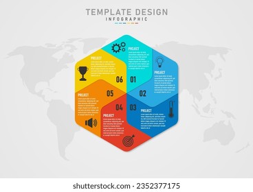 plantilla de infografía 5 proyectos de negocio hexágono dividido en varias secciones de diferentes colores números, letras e iconos arriba abajo es un mapa. fondo de gradiente gris