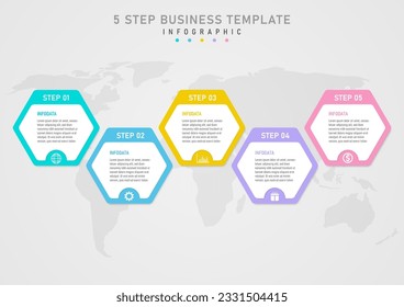 infographic template 5 business steps Multi-colored pastel hexagons The top has white letters. The semicircle below has an icon in the middle of the white background and the letter below has a map.