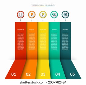Infographic template with 5 circles and columns. Can be used as a diagram, vertical chart. Vector banner for business infographics with space for text and icons.
