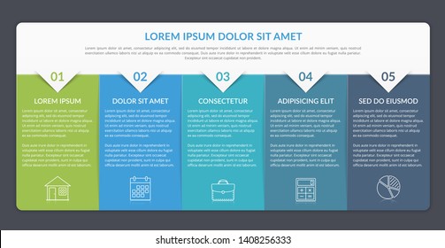 Infographic template with 5 elements for text and icons, can be used for web design, workflow layout, process chart, report, company milestones, vector eps10 illustration