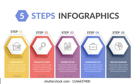 Infographic template with 5 hexagons with line icons, process chart, vector eps10 illustration